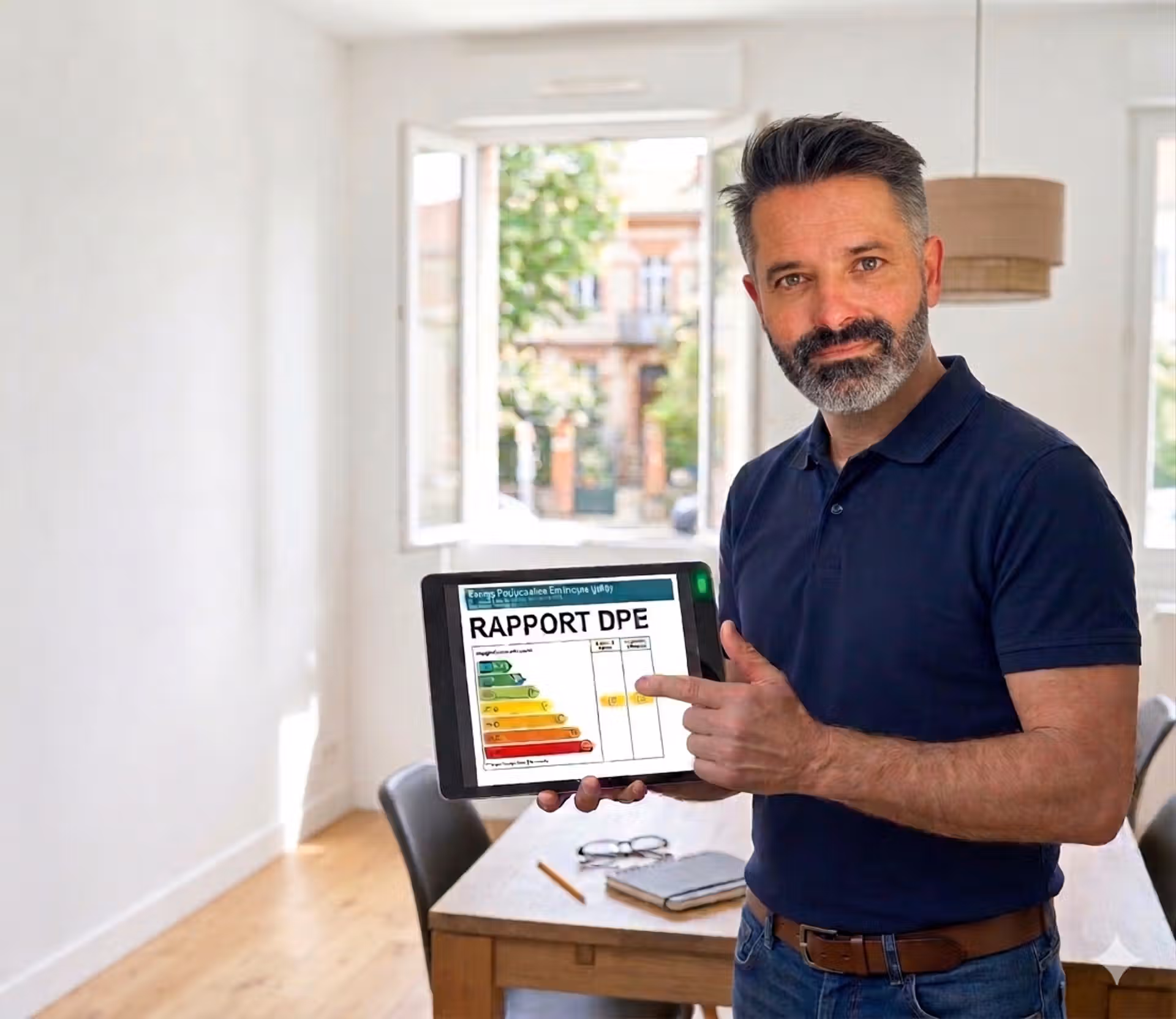 homme montrant un rapport DPE avec la note obtenue