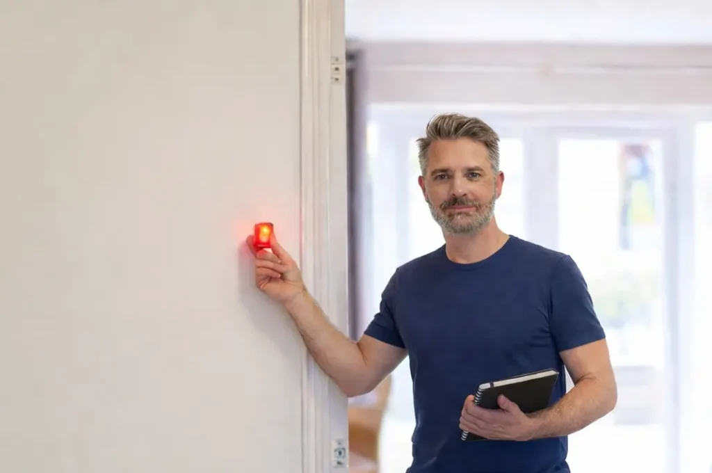 homme qui tient un télémètre laser dans les mains